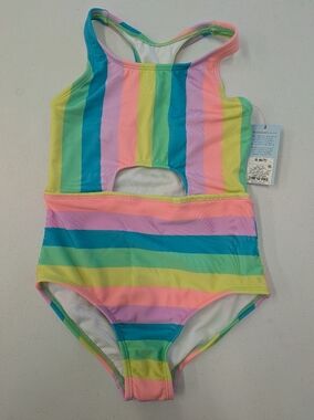 Cat & Jack Girls Rainbow Stripe One Piece Swimsuit Cutout Back Size 6 7 UPF 50 N